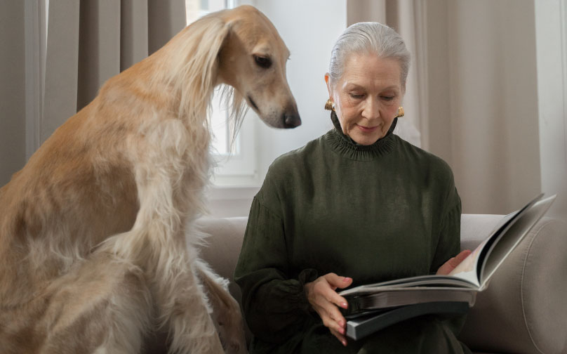 Woman with long-haired greyhound seeking support from sponsors